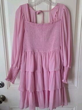 Light Pink Polyester Dress with Smocked Details Cottagecore Ruffled puff sleeves